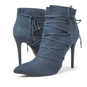 Shoe dazzle Denim Henley String Up Pointed Toe Stiletto Ankle Boot Size 9.5